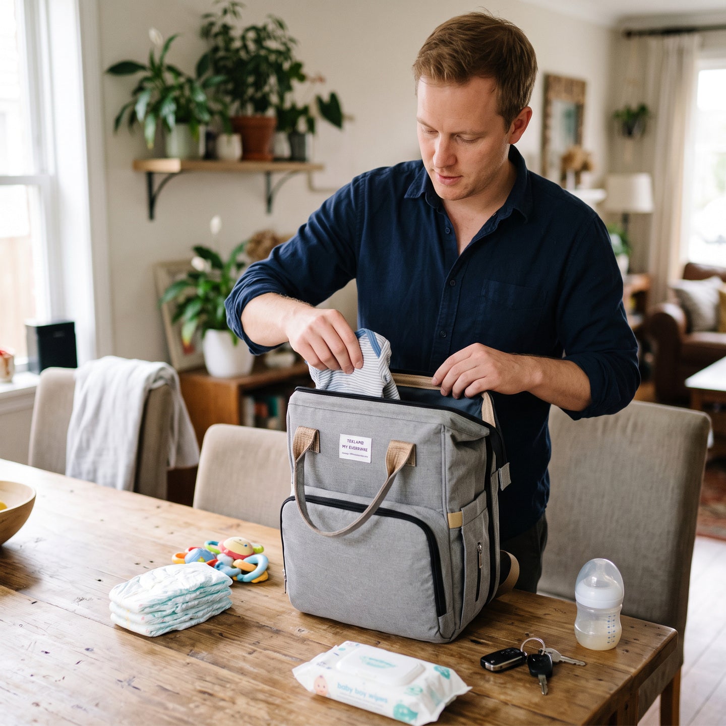 Parent packing the diaper backpack before leaving home