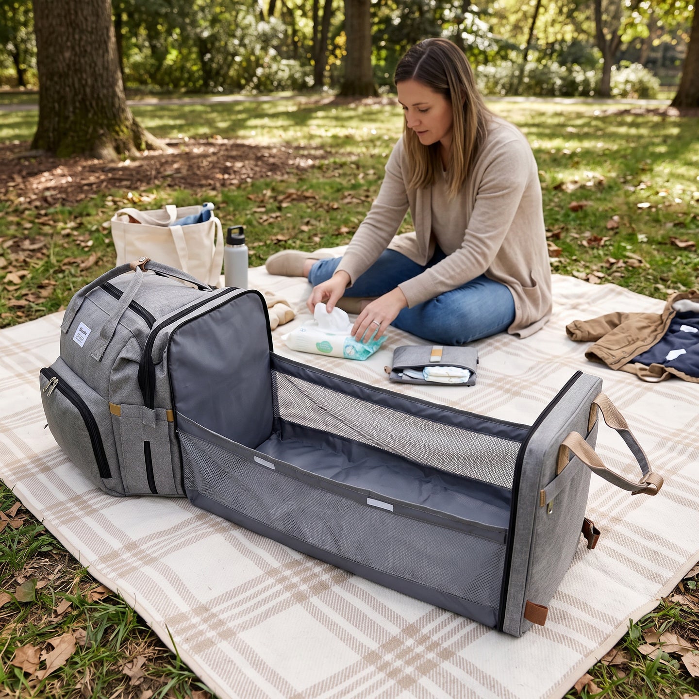 Little Outings fold-out diaper backpack with a dedicated changing space