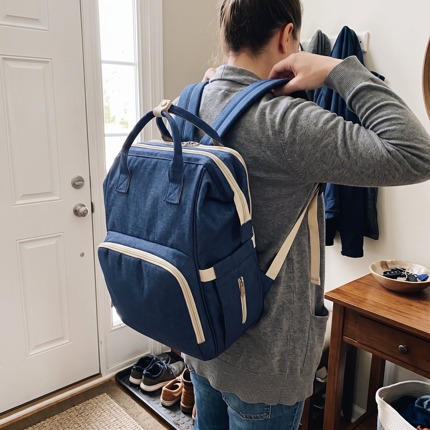 Backpack beside packed supplies for a family visit