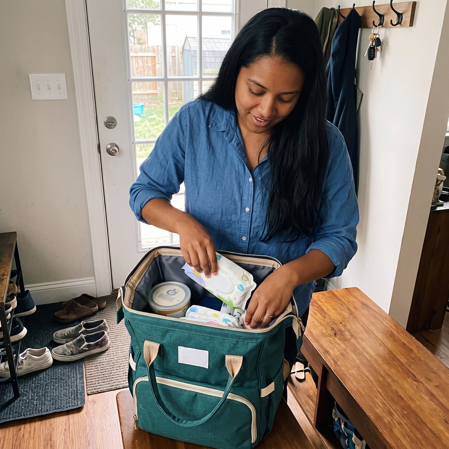 Mia showing the packed compartments before an outing